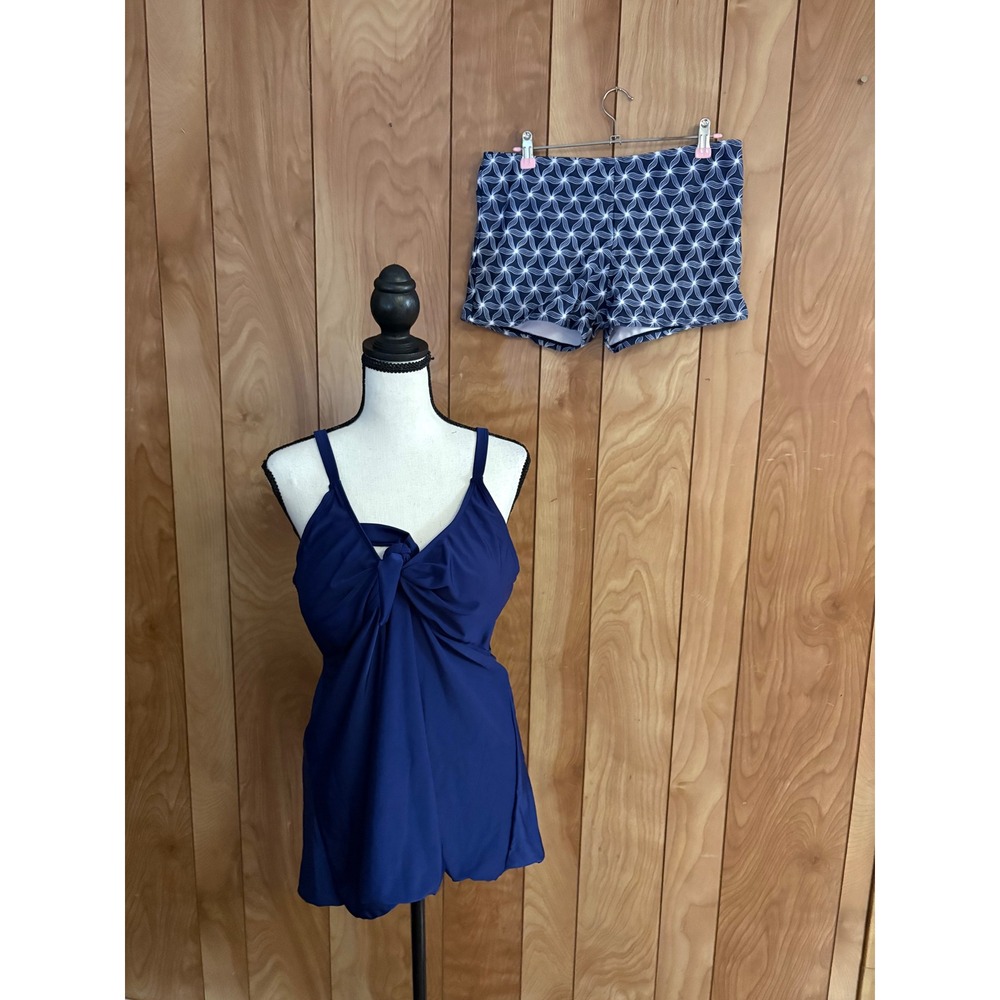 Navy Blue Tankini Swim Dress‎ Set with Geometric Print Boy Shorts XXL